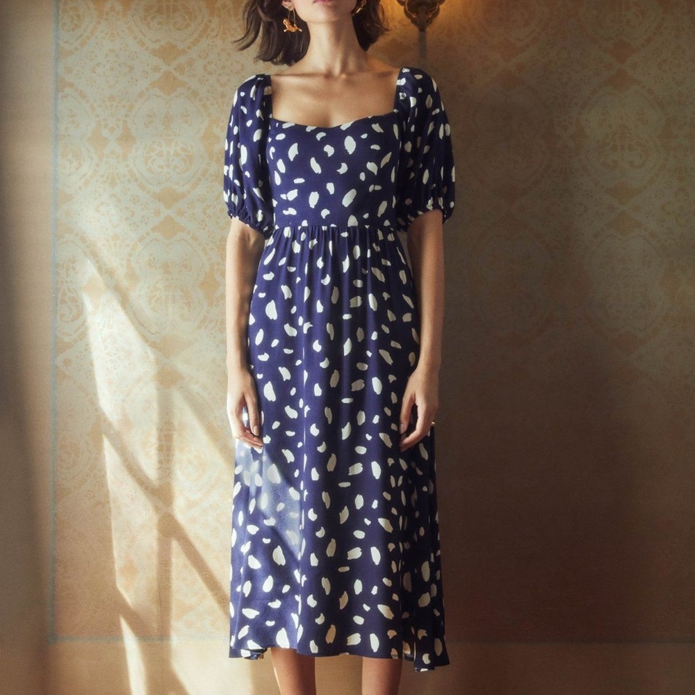 Reformation Splatter Blue Zippy Puff Sleeve Midi Dress